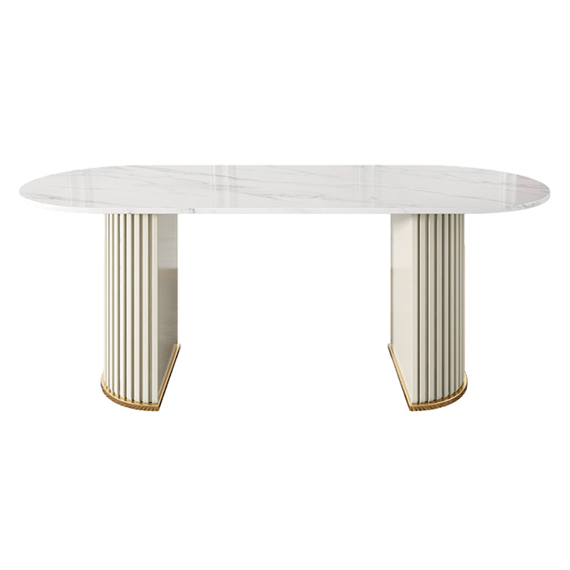 Oval Sintered Stone Top Esstisch Moderner Tisch in Weiß mit doppelter Sockel