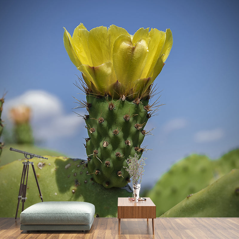 Green Cactus Mural Wallpaper Sleeping Room Wall Covering, Stain Resistant