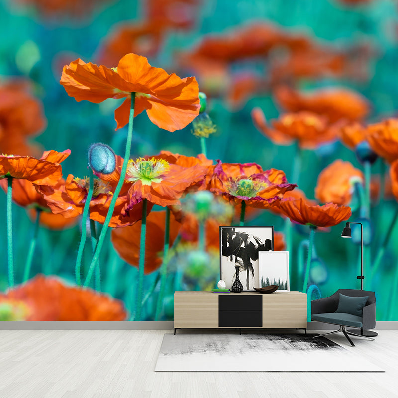 Customized Blooming Poppies Mural Wallpaper Contemporary for Guest Room Decor