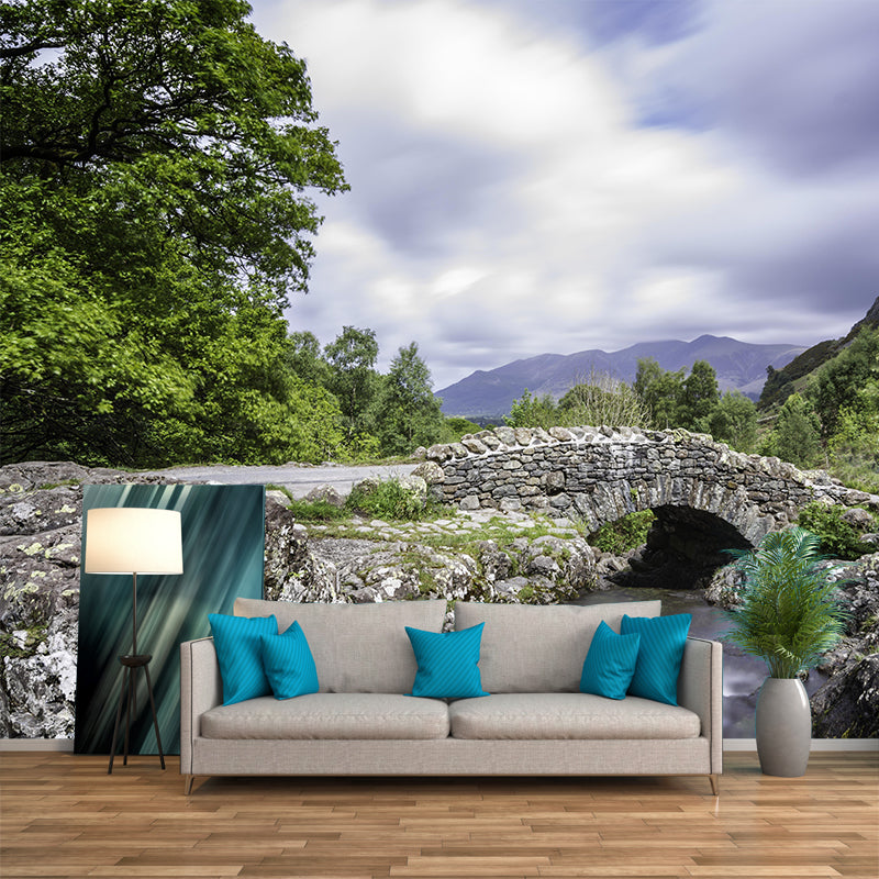 Contemporary Stone Bridge Architecture Mural Wallpaper Stain Resistant for Sitting Room