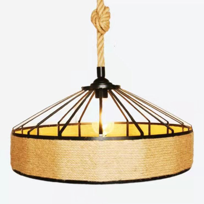 Industrial Drum Commercial Pendant Lighting Natural Rope 1-Light Hanging Light Fixture