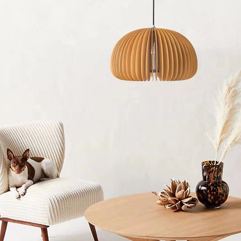 1 Light Pumpkin Shaped Pendant Lamp with Wood Frame Modern Suspension Lighting Fixture