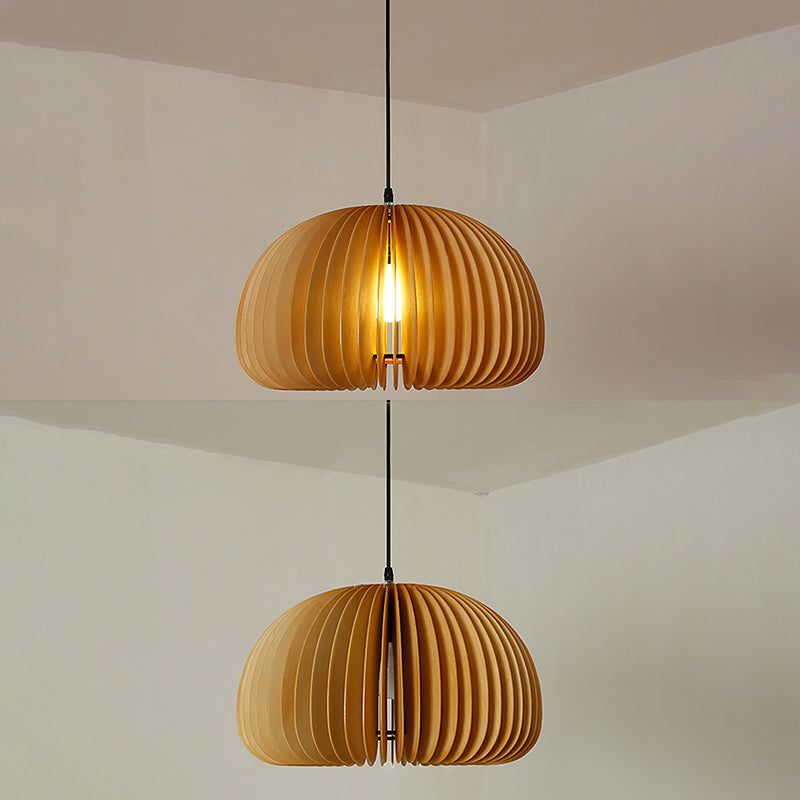 1 Light Pumpkin Shaped Pendant Lamp with Wood Frame Modern Suspension Lighting Fixture