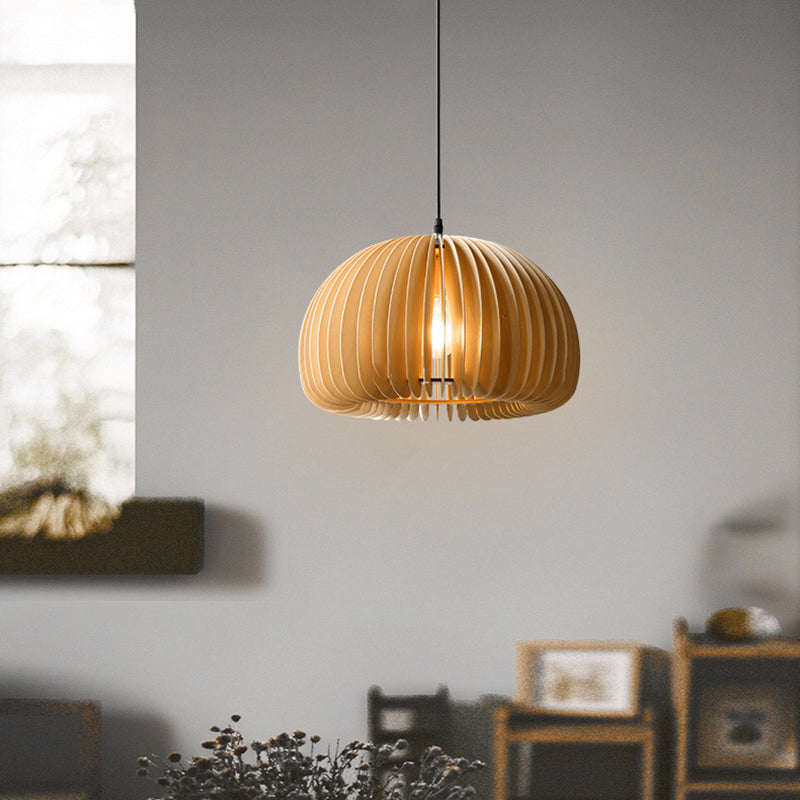 1 Light Pumpkin Shaped Pendant Lamp with Wood Frame Modern Suspension Lighting Fixture