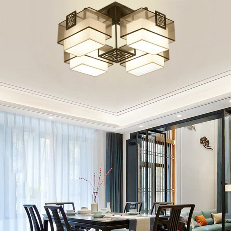 Chinese Style Fabric Shade Flush Mount Lighting Fixture for Living Room Dinning Room