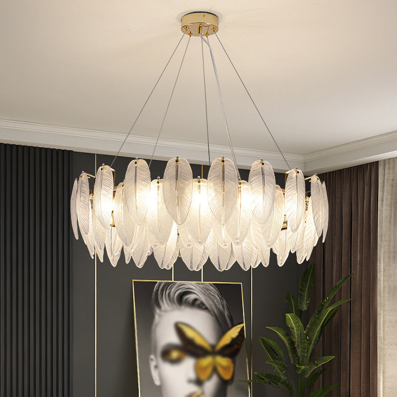Feather Chandelier Light Fixture Vintage Frosted Glass Pendant Lighting for Restaurant
