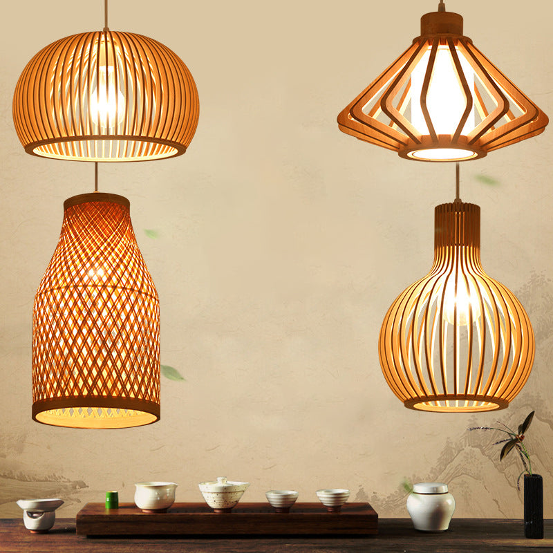 1 Leichte Anhängerlampe mit Holzrahmen Moderne Federleuchten für Esszimmer