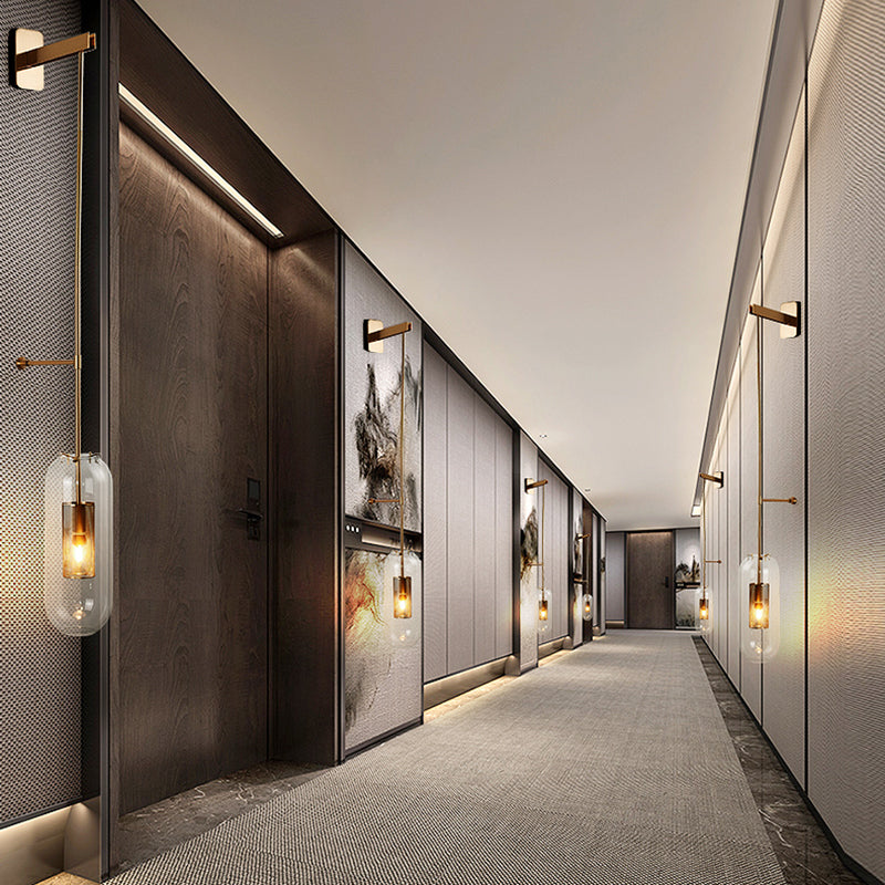 Moderno gambo in metallo applione da parete sospeso in vetro trasparente oblungo vetro a 1 bulbo sconde da parete