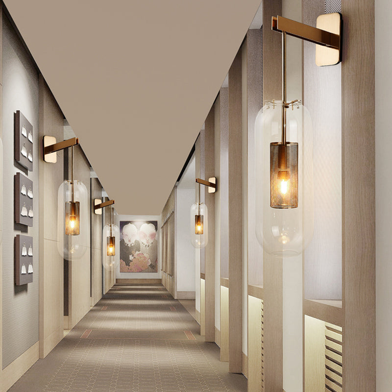 Moderno gambo in metallo applione da parete sospeso in vetro trasparente oblungo vetro a 1 bulbo sconde da parete