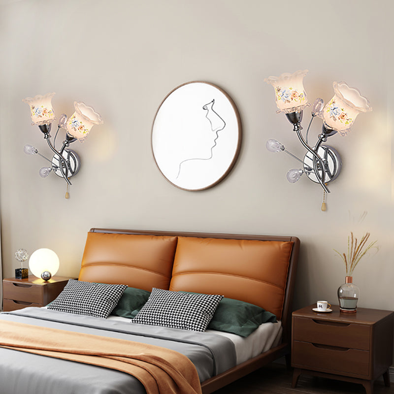 Lampade a fiore di fiore lampada moderna a parete in argento a 1 luce con tonalità di erba