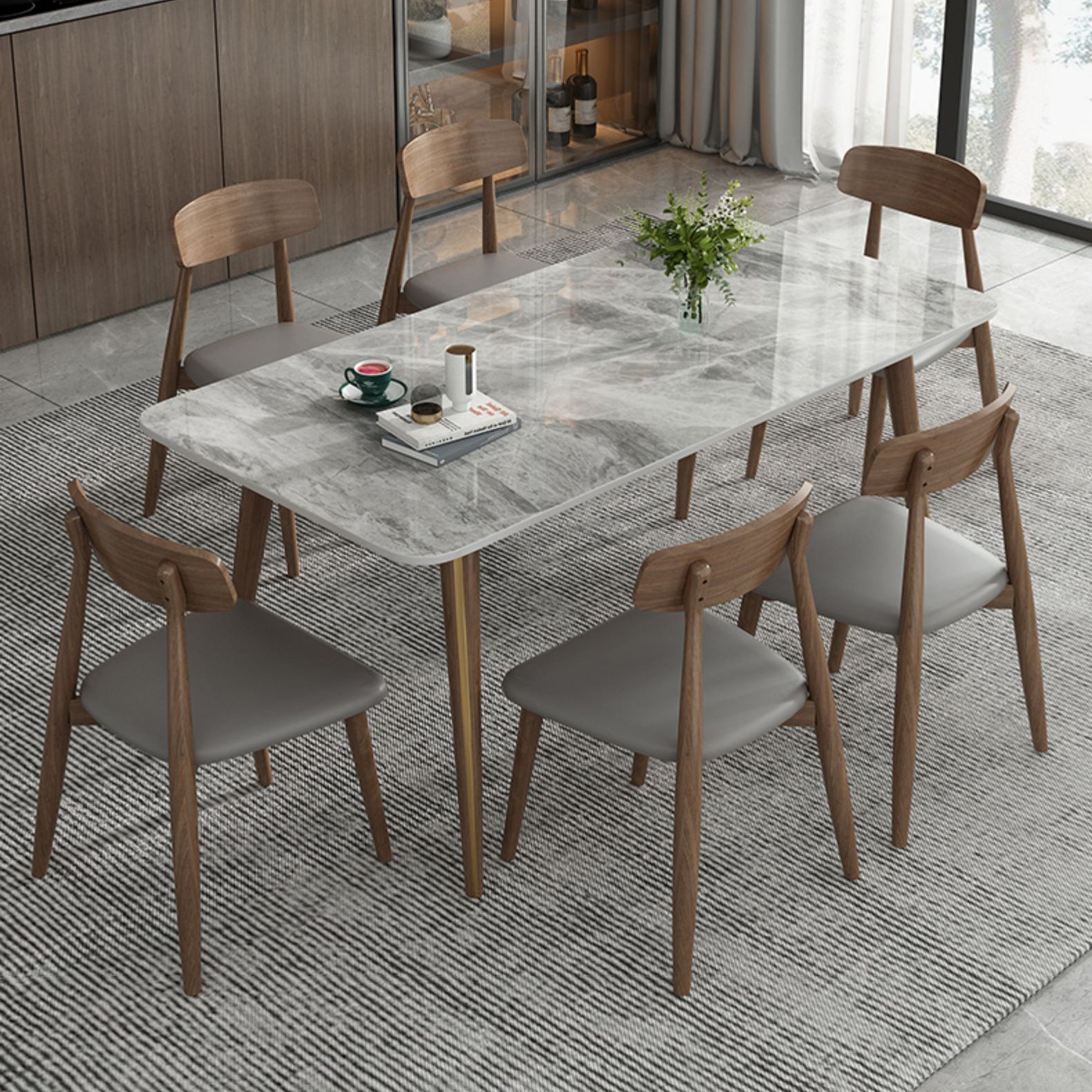 Modern Style Sintered Stone Dining Table 4 Legs Rectangular Table in Grey