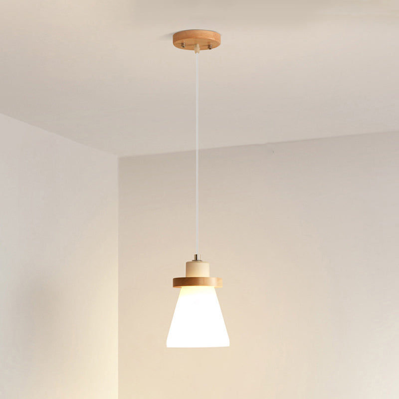 Wood and White Glass Pendant Lamp Simple Modern Suspension Lighting Fixture for Bedroom