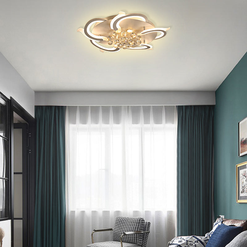 3/5/6-geführte Windmühle Flush Deckenlampe moderne Metallic LED LED LED LELLING IN Weiß mit Kristallkugel