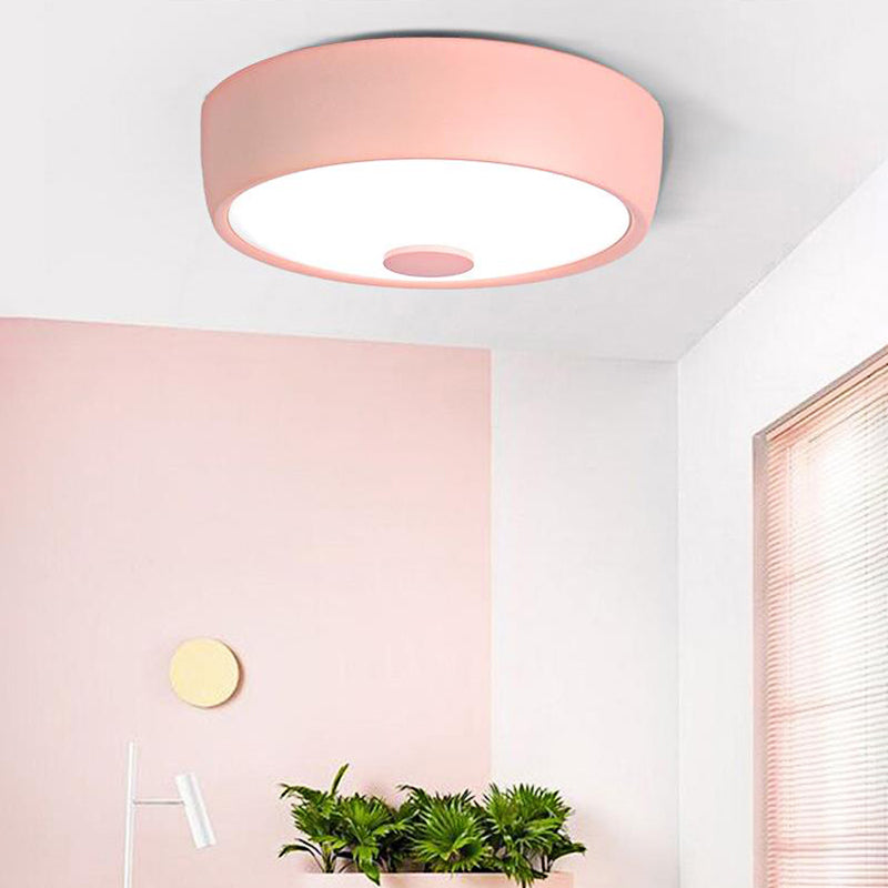 Macaron Drum Plafond Flush Light Metal Led Kids Room Flushmount Verlichting in zwart/Green/Pink/Geel met Frosted Glass Diffuser