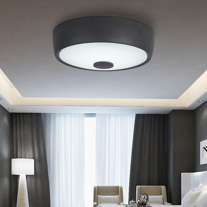 Macaron Drum Plafond Flush Light Metal Led Kids Room Flushmount Verlichting in zwart/Green/Pink/Geel met Frosted Glass Diffuser