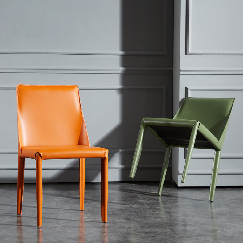 Solid Back Armless Dining Chairs Indoor Leather Side Chairs with Metal Legs