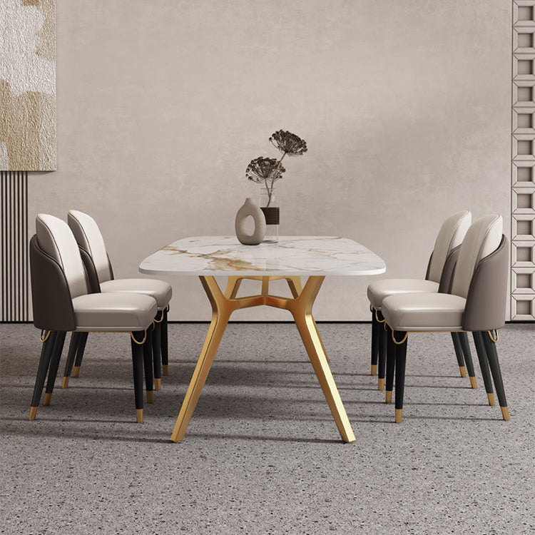 Sintered Stone Top Dining Table Rectangle Table with Metal Gold Base and 4 Legs