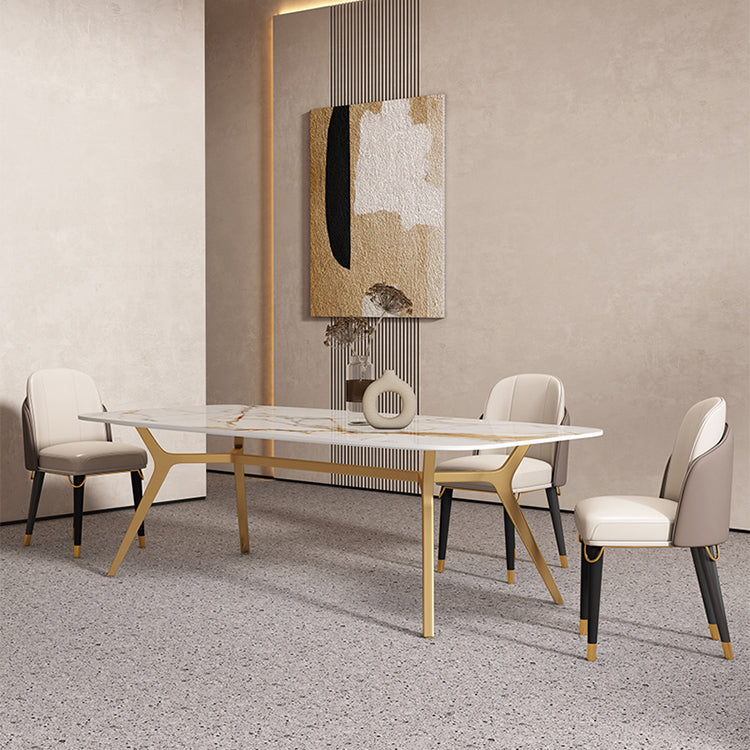 Sintered Stone Top Dining Table Rectangle Table with Metal Gold Base and 4 Legs