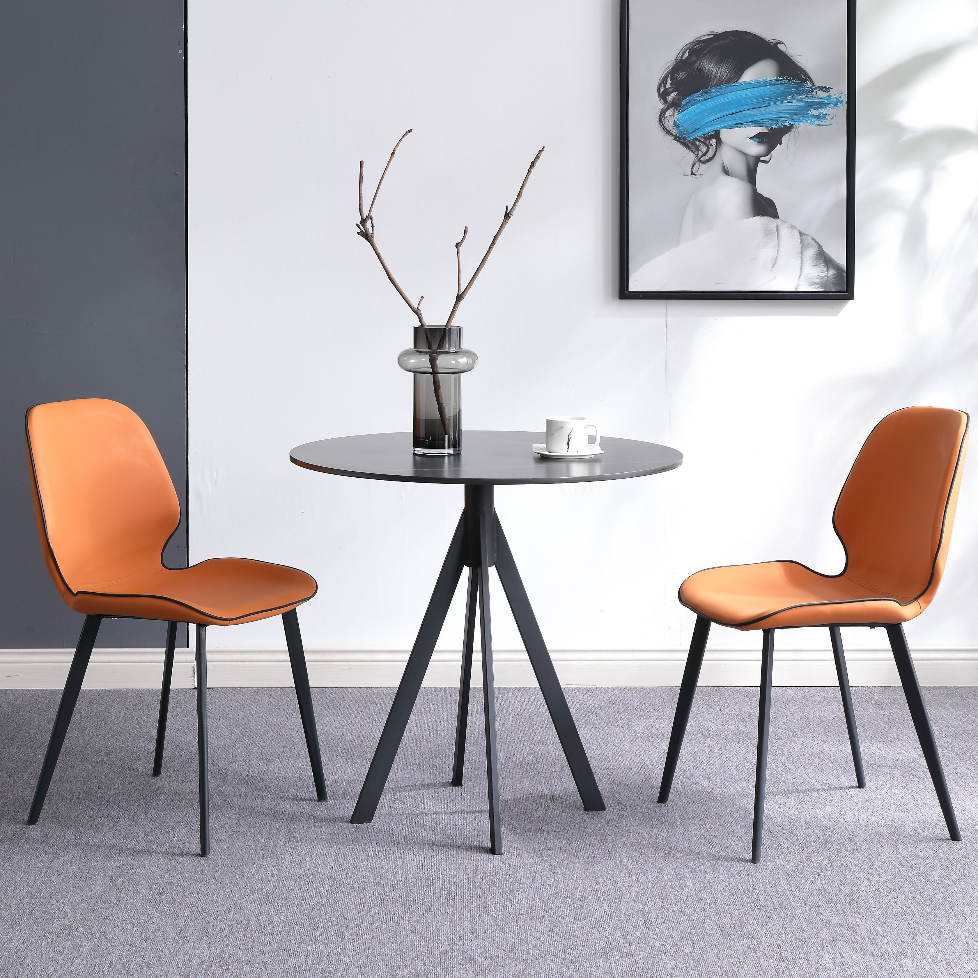 Round Sintered Stone Two-Color Dining Table Simplicity 4 Legs Table for Dining Room