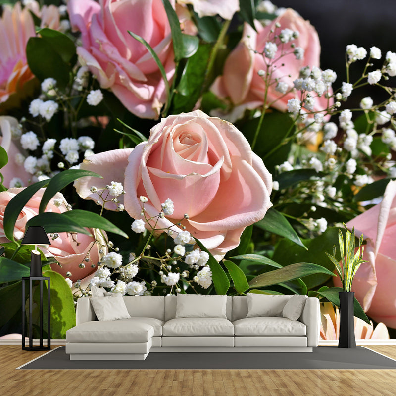 Customized Rose Bouquet Wall Mural Horizontal Photography for Sleeping Room Decoration