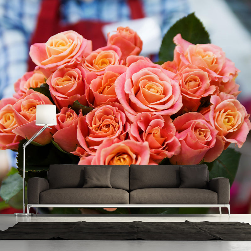 Customized Rose Bouquet Wall Mural Horizontal Photography for Sleeping Room Decoration