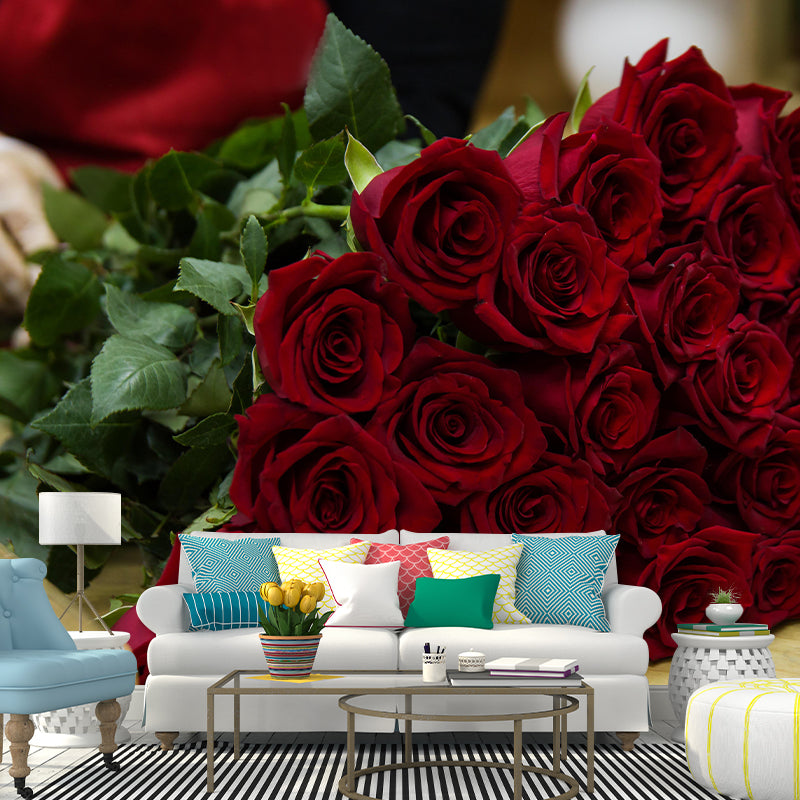 Customized Rose Bouquet Wall Mural Horizontal Photography for Sleeping Room Decoration