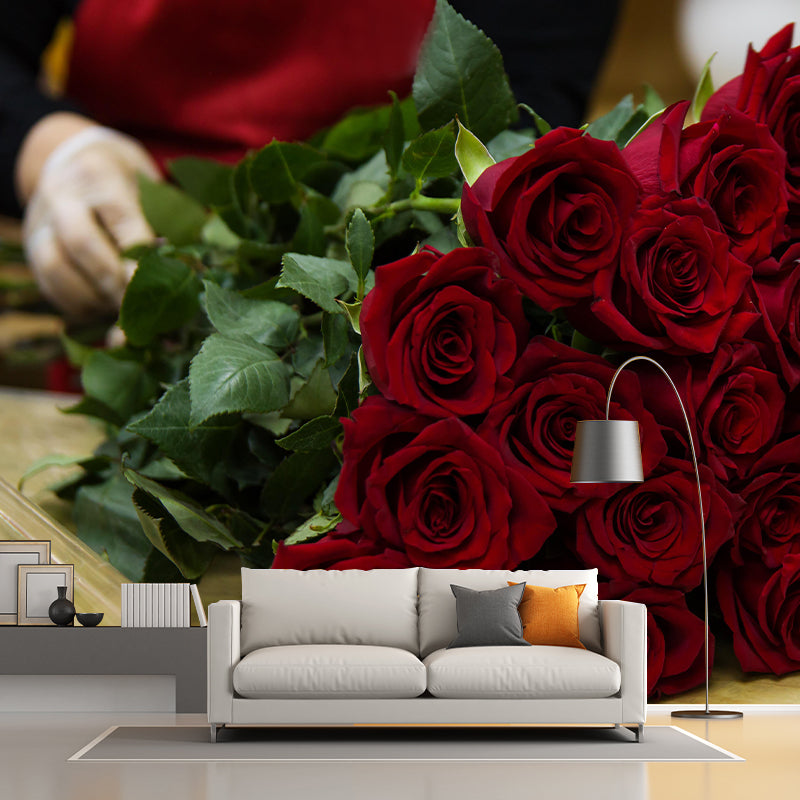 Customized Rose Bouquet Wall Mural Horizontal Photography for Sleeping Room Decoration