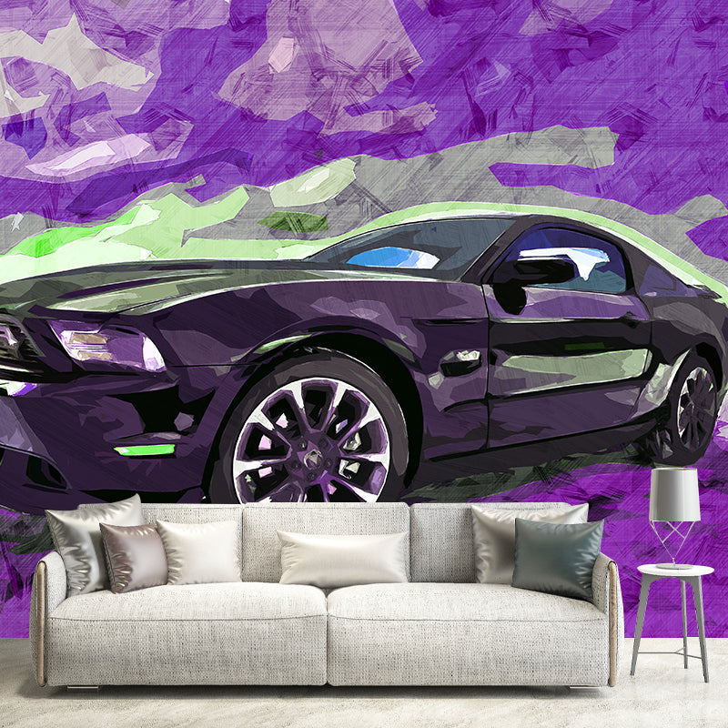 Car Illustration Mural Wallpaper for Boy Bedroom, Stain Resistant, Made to Measure
