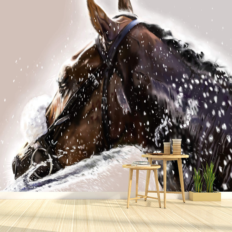 Horse Illustration Mural Mildew Resistant Wall Covering for Living Room