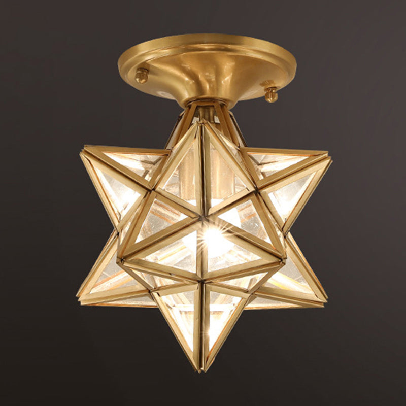 Plafonnier étoile en cuivre à montage encastré d'intérieur de luxe colonial avec abat-jour en verre