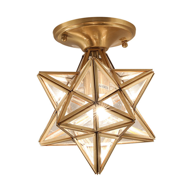 Plafonnier étoile en cuivre à montage encastré d'intérieur de luxe colonial avec abat-jour en verre