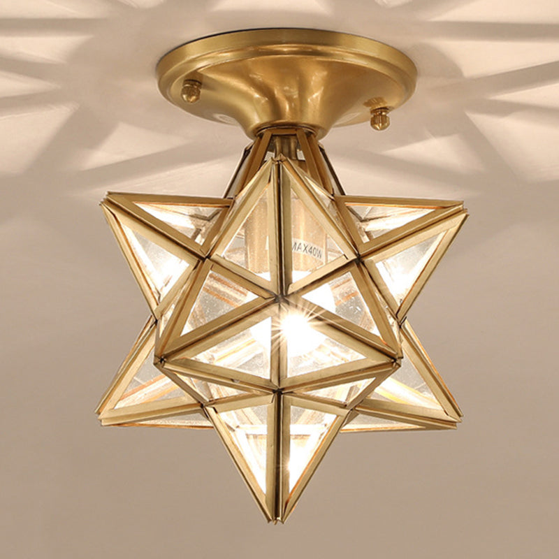 Colonical Luxury Indoor Flush Mount Copper Star Ceiling Fixture with Glass Shade