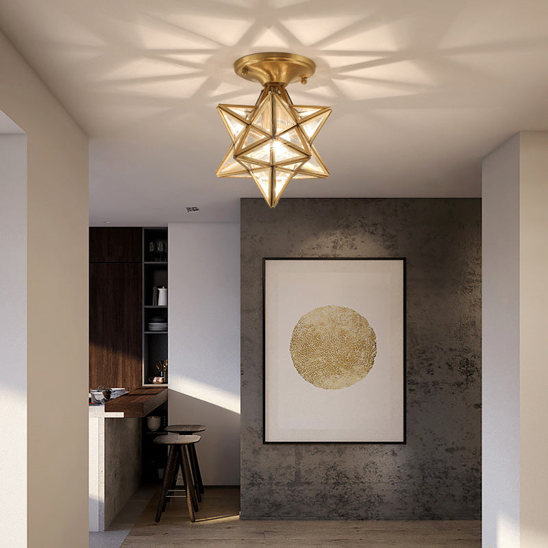Plafonnier étoile en cuivre à montage encastré d'intérieur de luxe colonial avec abat-jour en verre