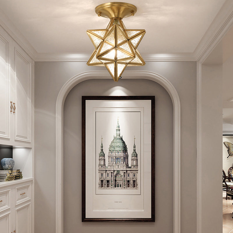 Plafonnier étoile en cuivre à montage encastré d'intérieur de luxe colonial avec abat-jour en verre