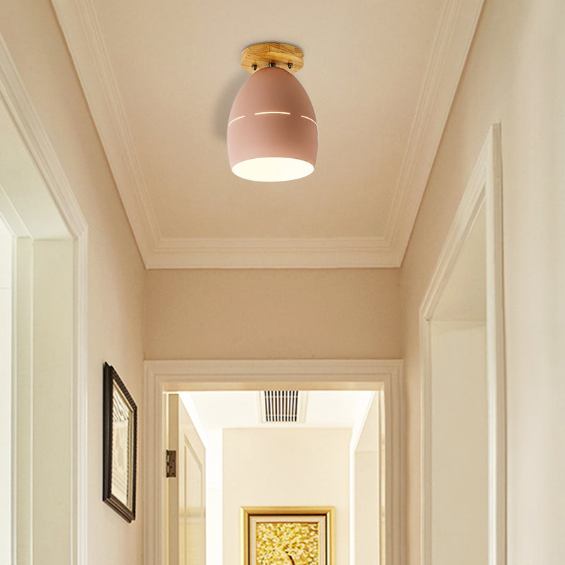 1 Light Oval Semi Flush Mount Lighting Modern Metal Semi-Flush Ceiling Light in Pink/Yellow/Green for Bedroom