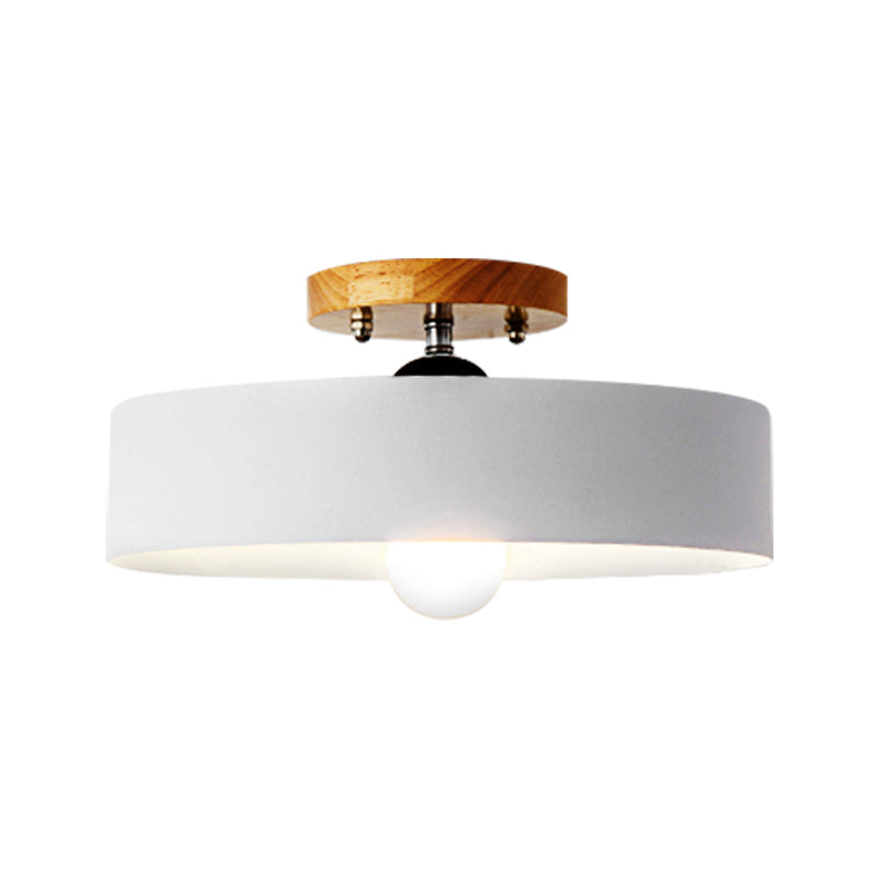 Drum Semi Mount Lighting Modernist Metal 1 Light 12" W Gray/White/Red/Pink Ceiling Mounted Fixture for Living Room