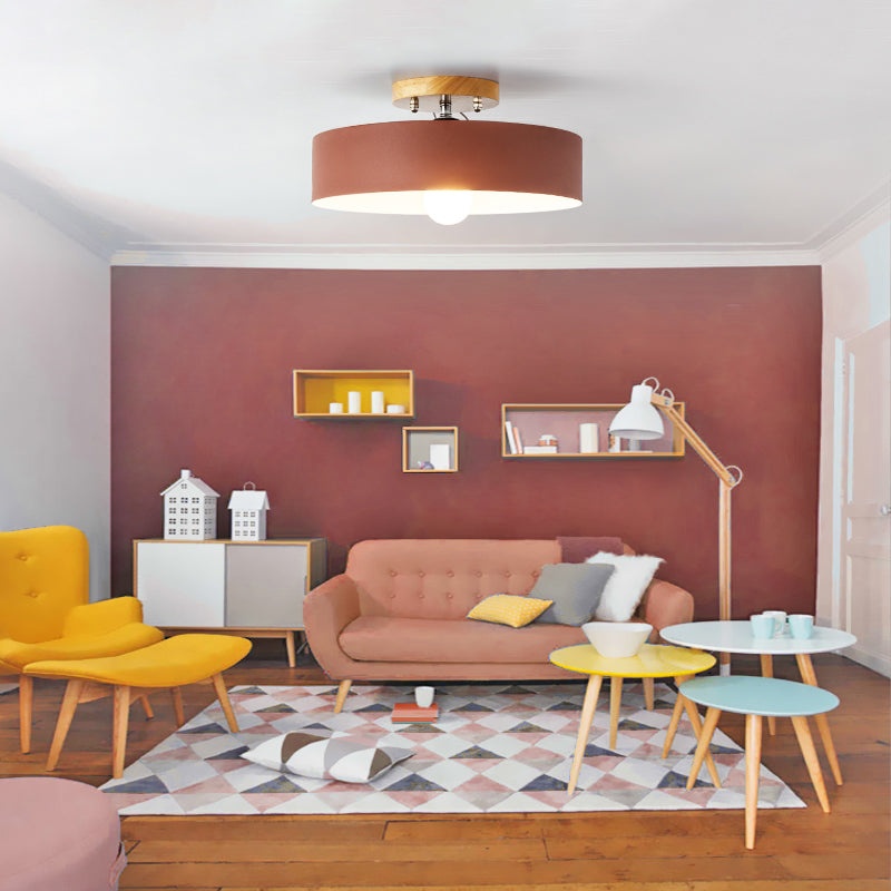 Drum Semi Mount Lighting Modernist Metal 1 Light 12" W Gray/White/Red/Pink Ceiling Mounted Fixture for Living Room