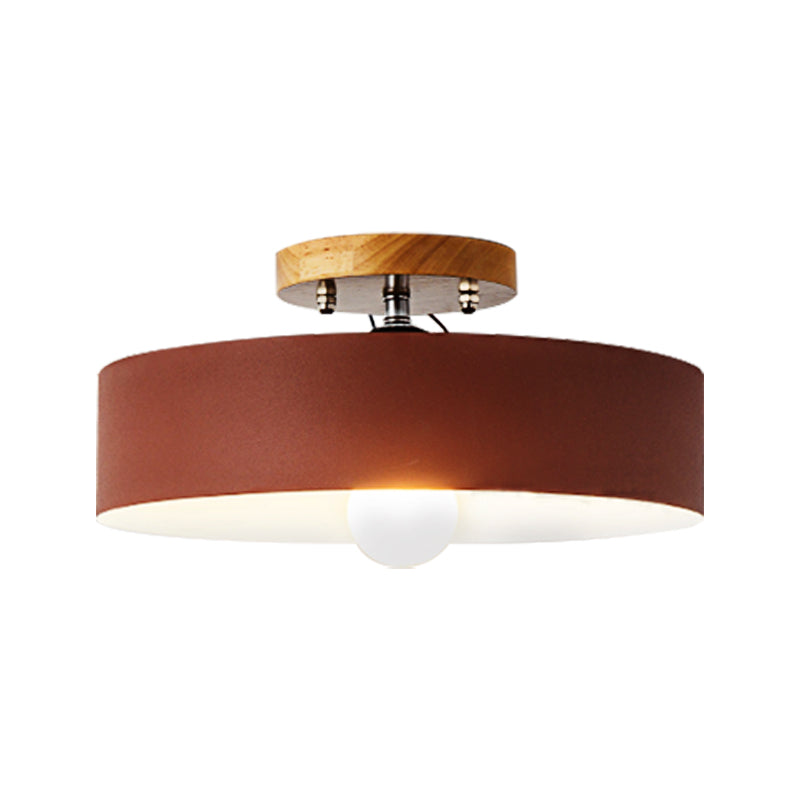 Drum Semi Mount Lighting Modernist Metal 1 Light 12" W Gray/White/Red/Pink Ceiling Mounted Fixture for Living Room