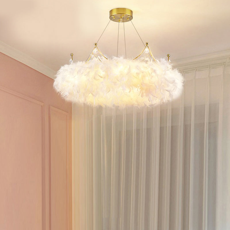 Crown kroonluchter lamp Moderne 1-licht witte kroonluchter verlichtingsarmaturen met verenschaduw