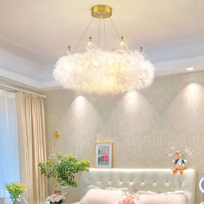 Crown kroonluchter lamp Moderne 1-licht witte kroonluchter verlichtingsarmaturen met verenschaduw
