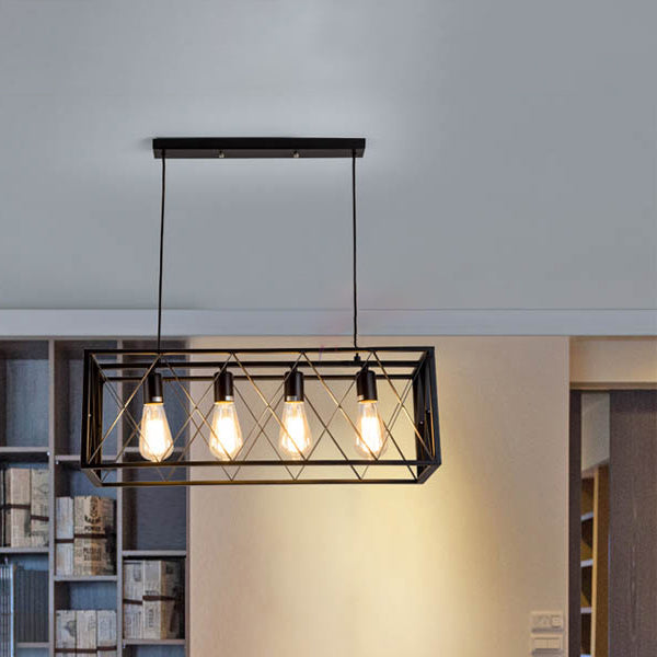 Black Cage Linear Chandelier 4/6 Lights Industrial Island Pendant Lights for Living Room