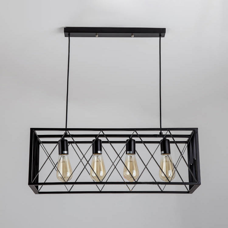 Black Cage Linear Chandelier 4/6 Lights Industrial Island Pendant Lights for Living Room