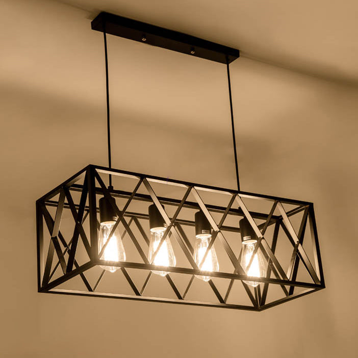 Black Cage Linear Chandelier 4/6 Lights Industrial Island Pendant Lights for Living Room
