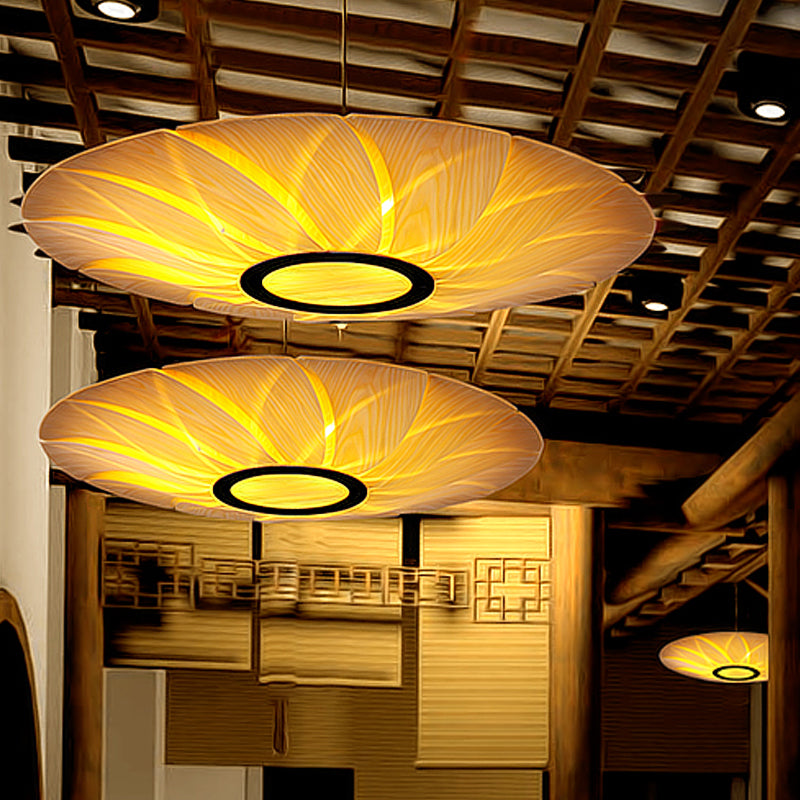 3 Heads Flat Chandelier Lighting Chinese Wood Ceiling Suspension Lamp in Beige