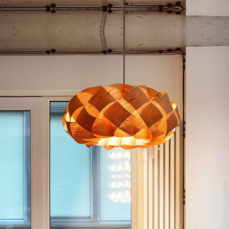 Japanese Rounded Drum Ceiling Light Wood 1 Head Suspended Lighting Fixture in Beige