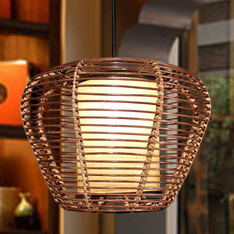 Lámpara de techo de urna Bambú asiática 1 Bulbo de luz de encogimiento de colgante marrón con sombra de pergamino de cilindro