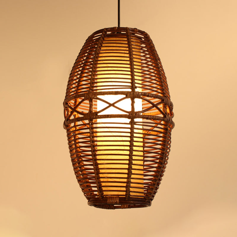Brown Lantern Pendant Lamp Asia 1 Bulb Bamboo Hanging Light Fixture with Inner Tube Parchment shade