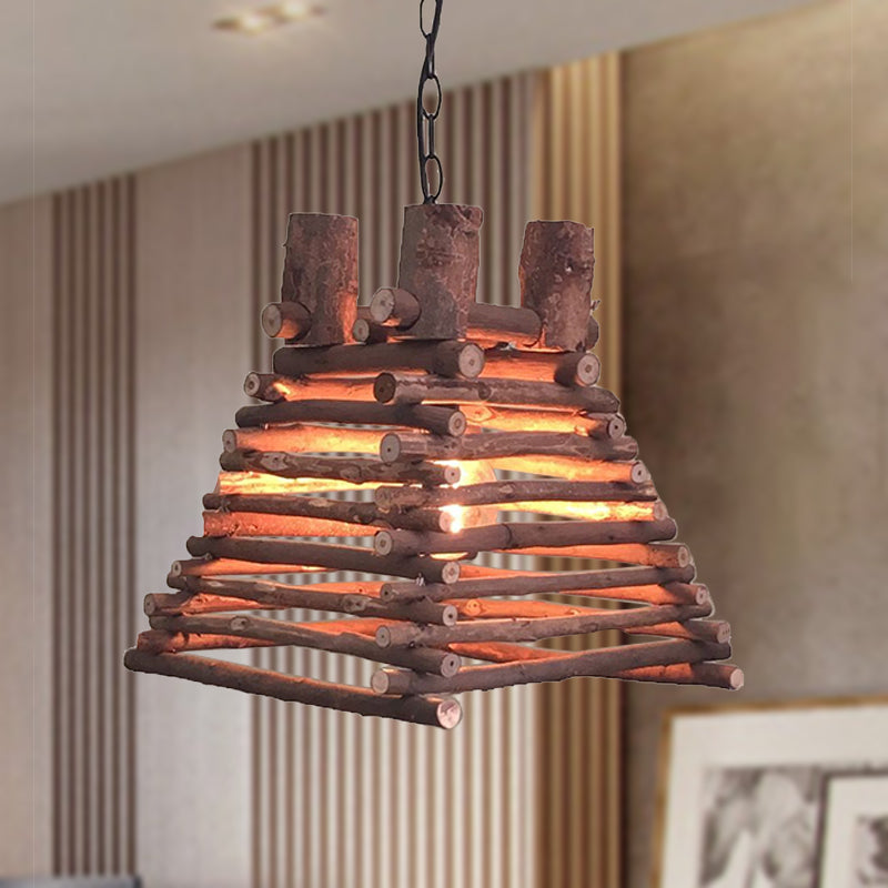 Chinese 1 Head Hanging Light Red-Brown Trapezoid Suspended Lighting Fixture with Wood Shade
