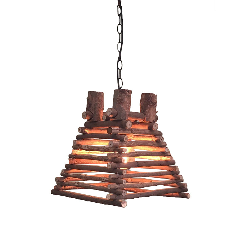 Chinese 1 Head Hanging Light Red-Brown Trapezoid Suspended Lighting Fixture with Wood Shade