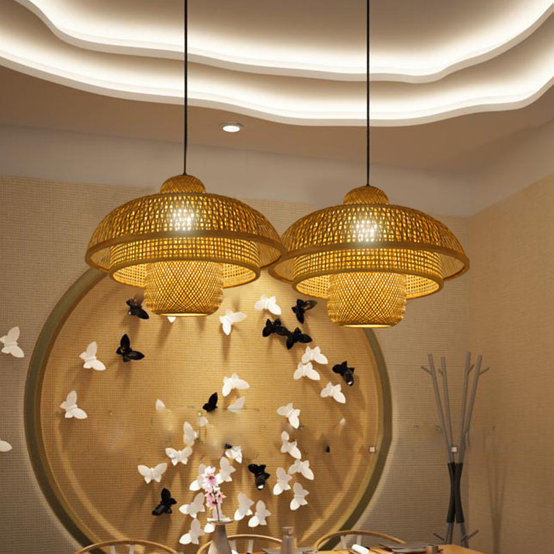 1 Bulb Teahouse Pendant Lamp Asia Flaxen Ceiling Hanging Light with Tiered Bamboo Shade